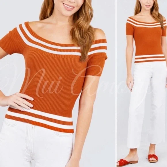 Orange white off shoulder top - Picture 3 of 4